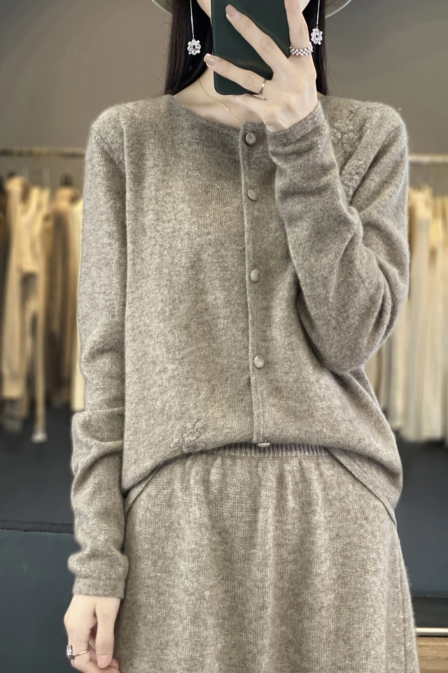 Women Autumn Winter 100% Merino Wool Cardigan Solid Round Neck Handmade Floral Embroidery Soft Long Sleeve Knit Coat
