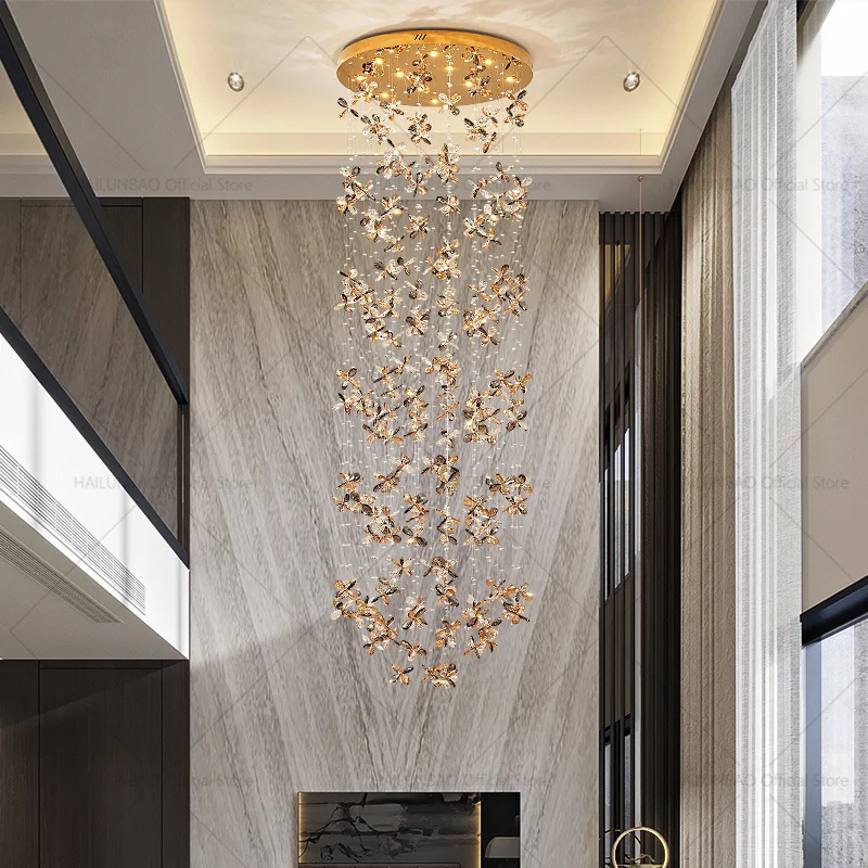 

Duplex long chandelier light luxury staircase chandelier modern simple atmosphere villa hollow loft high crystal living room