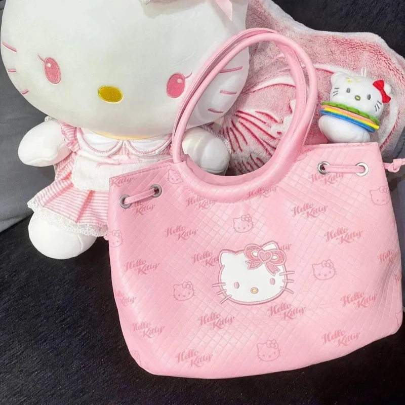 Xiuya Pink Tote Bag for Women Hello Kitty Vintage Cartoon Embroidery Cute Shoulder Bag Literary Casual Fashion Female Handbag