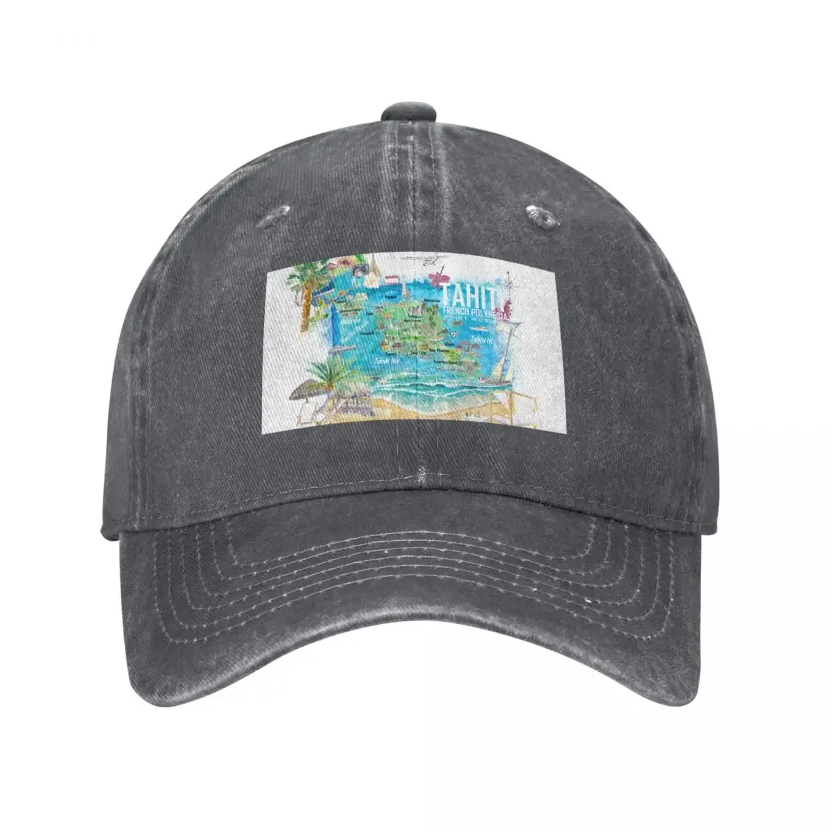 Tahiti Illustrated Travel Map with Roads and Highlights Baseball Cap Hat Beach Horse Hat Gentleman Hat Women Caps Men's