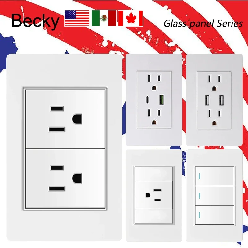 118 Rectangular PC Panel Wall Light Switch US Standard Wall Light Switch Socket 2USB Type C Wall Power Socket Light White Switch