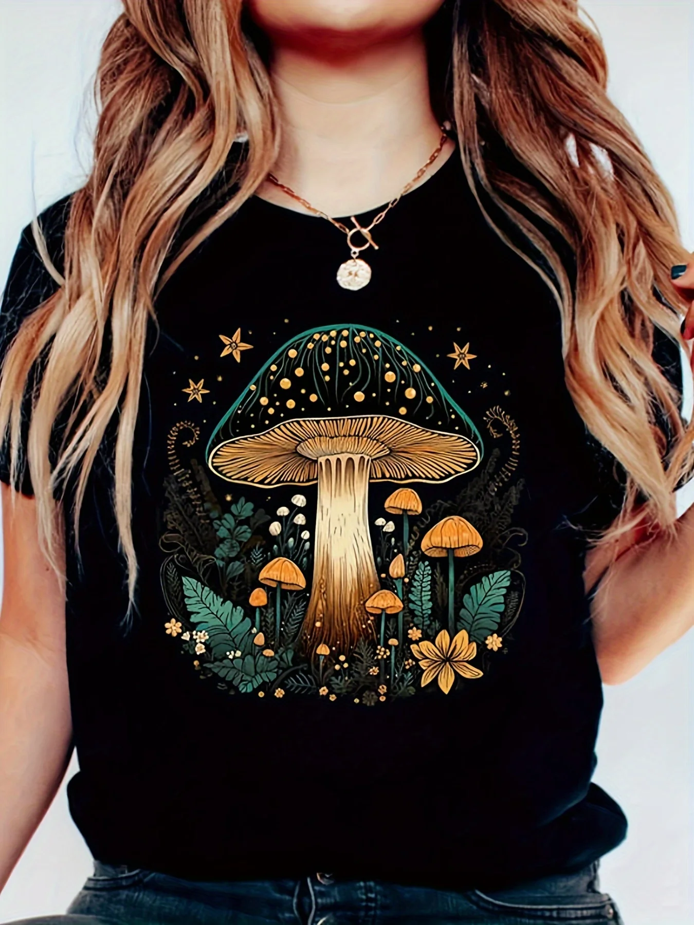 Women's Whimsical Mushroom Forest T-shirt - Enchanted Design, Casual Black Top Women Clothing Fashion Summer Streetwear Y2K Top