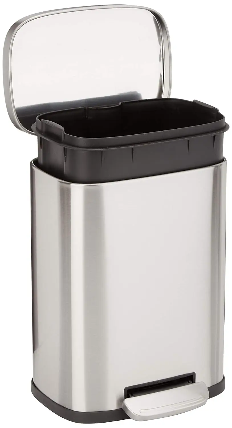 Smudge Resistant Mini Rectangular Trash Can With Soft-Close Foot Pedal, Brushed Stainless Steel, for Bathroom