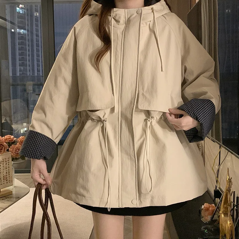 

Женские куртки с капюшоном, пальто на подкладке на шнурке, свободные молнии, рабочая ветровка на открытом воздухе, женская весна-осень 202, новинка