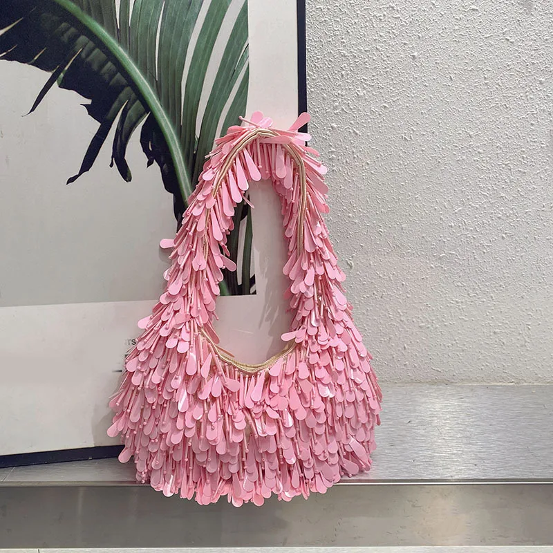 

Casual Tassel Lady Handbags Design Elegant Woven Pink Underarm Bag Handmade Sequin Women Shoulder Bag Casual Tassel Lady Handbag