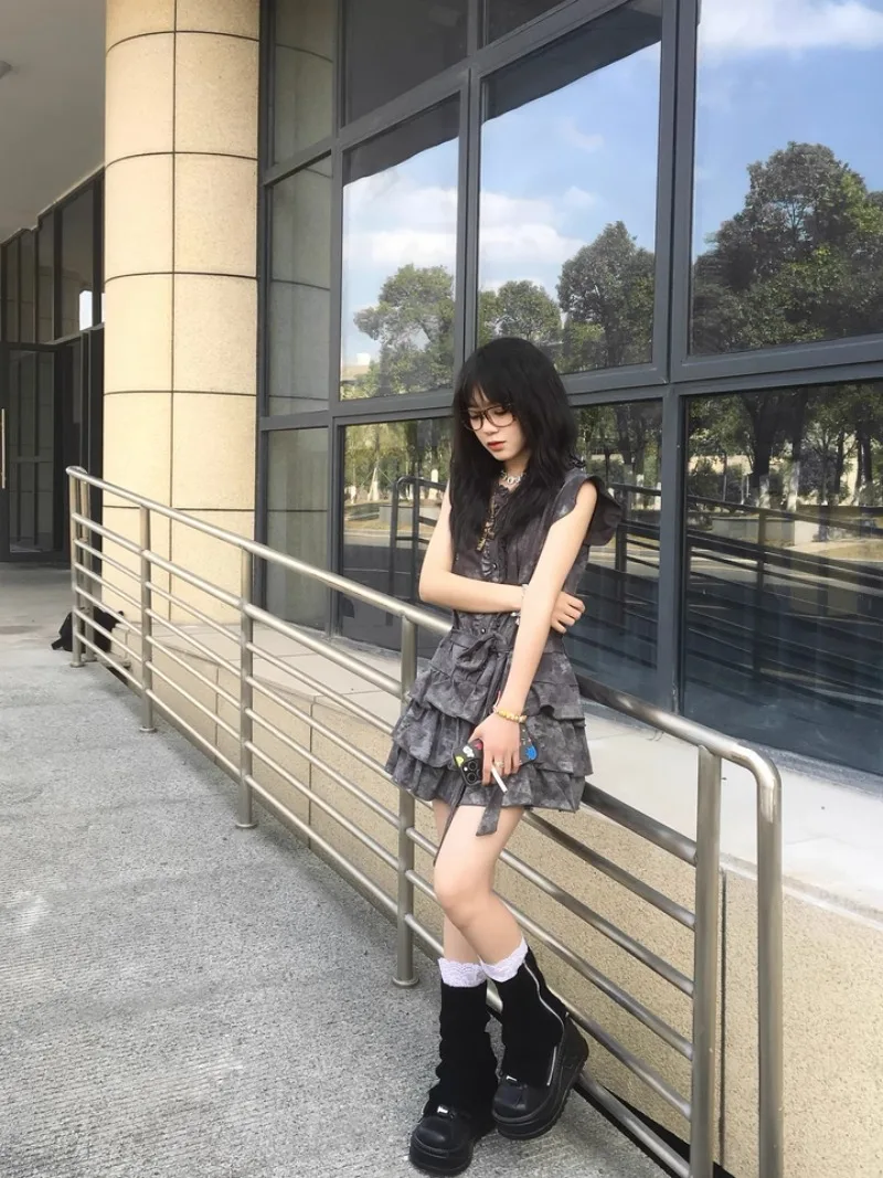 Japonês verão estilo universitário punk mangas voadoras rendas batendo unhas estrela bordado tie-dye em torno do pescoço vestido em camadas para mulher