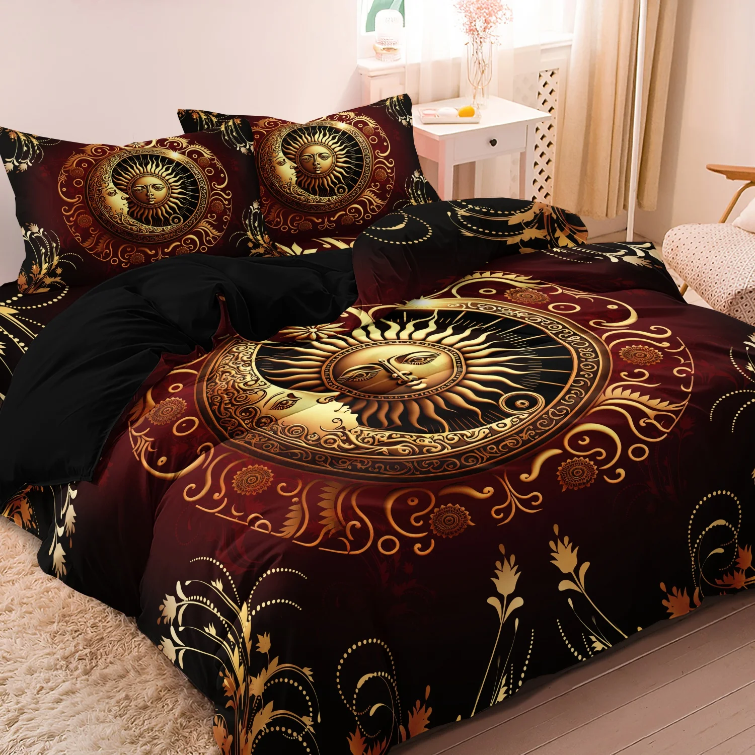 3-teiliges Vintage-Bettwäsche-Set mit goldenem Sonnen- und Mond-Print, schwarze himmlische Blumen-Mandala-Bettwäsche, für Schlafzimmer und Heimdekoration