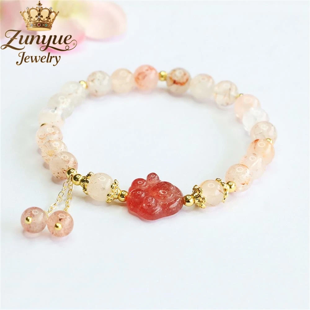 

High-End Natural Strawberry Pink Crystal Cat Paw Bracelet Luxury Quality Fashion Fine Jewelry Exquisite Elegant Popular Charms