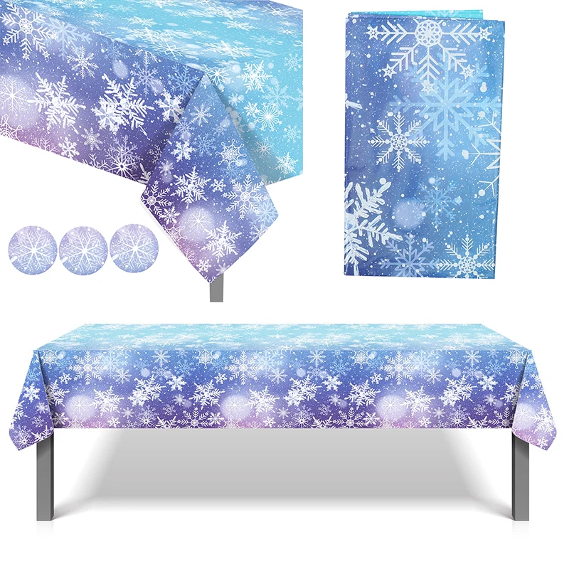 

1PCS Blue Purple Christmas Snowflake Tablecloth Birthday Party Supplies Snowflake Winter Wonderland Table Cover Merry Xmas Decor