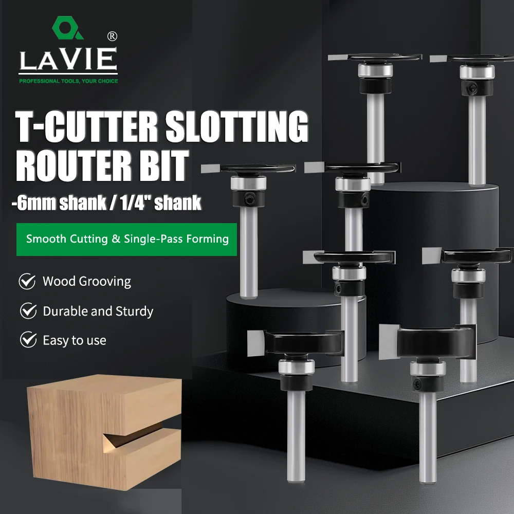 LAVIE 1/4 6mm Shank T-Slot Router Bit dengan Bearing - Pemotong Alur Ganda untuk Pembuatan Alur & Pinggiran Kayu C06318FX35