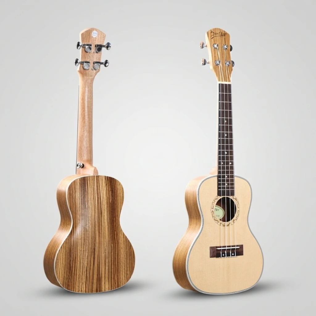 Zebra Pattern Soprano Ukulele, Natural Light Top Striped Back, 4 Strings, Silver Closed Tuners, Decorative Rosette for Beginners