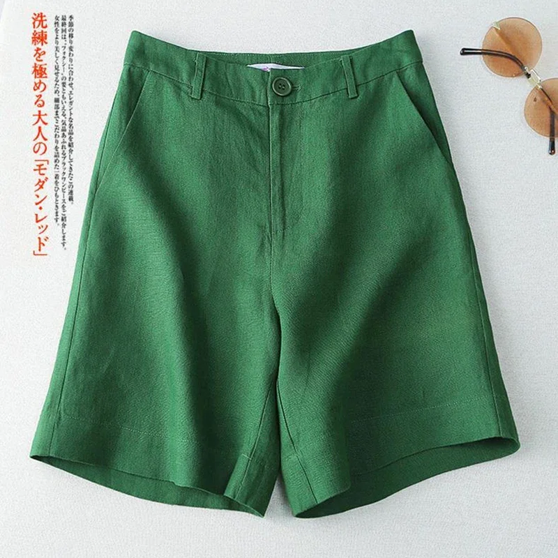 

Linen Solid Casual Pocket Button High Waist Wide Leg Women's Pant Korean Fashion Loose Straight Summer Suit Shorts Trouser C41