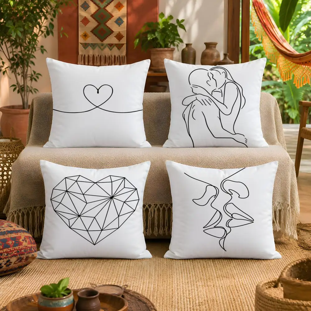 Simple Black White Couple Line Cushion Cover 1pc Square Plush Pillow Cover Soft Fuzzy Removable Washable Sofa Bed Bedroom Decor