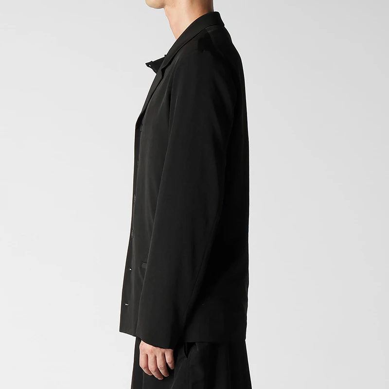 YOJI OOAK التصميم الأصلي كم طويل أسود عارضة خندق معطف دعوى طوق واحدة الصدر معطف أعلى الاتجاه الرجال