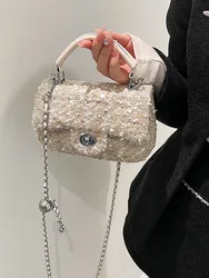 Women's Woolen Tweed Chain Crossbody Bags Autumn Winter New Sequin Small Square Handbags for Party Fashion Single Shoulder Bag