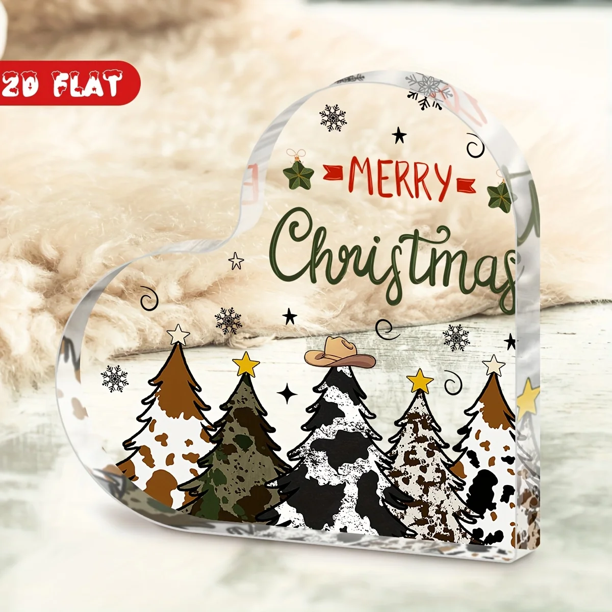 Cow Print Camo Christmas Tree Freestanding Heart Ornament, Rustic Holiday Shelf Decoration