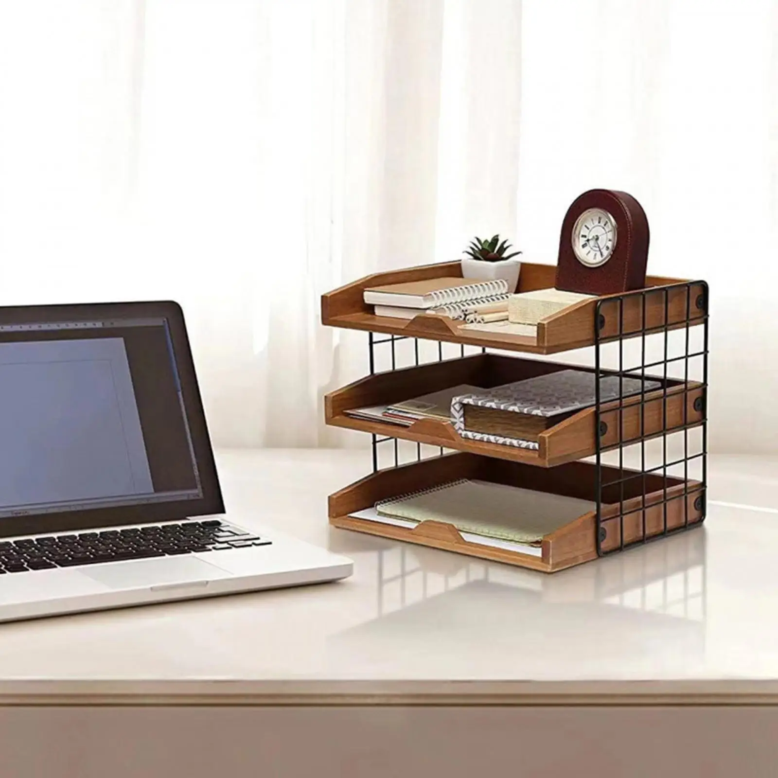 Wood Inbox Tray with Metal Frame Holder Paper Organizer File Document Storage Rack for Office Magazines Stationery Document Mail