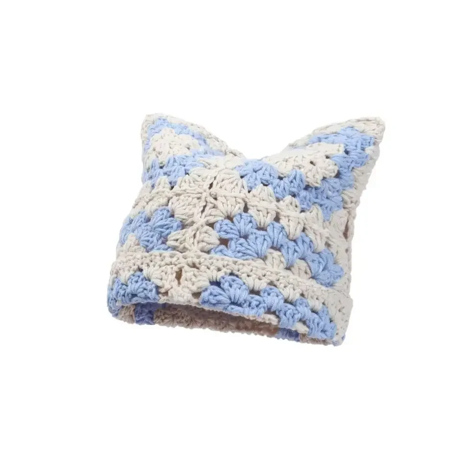 수제 크로셰 귀마개 모자, 할로윈 그랜니 스퀘어 모자, 여성용 니트 캡, 멀티컬러 슬라우치 베레모