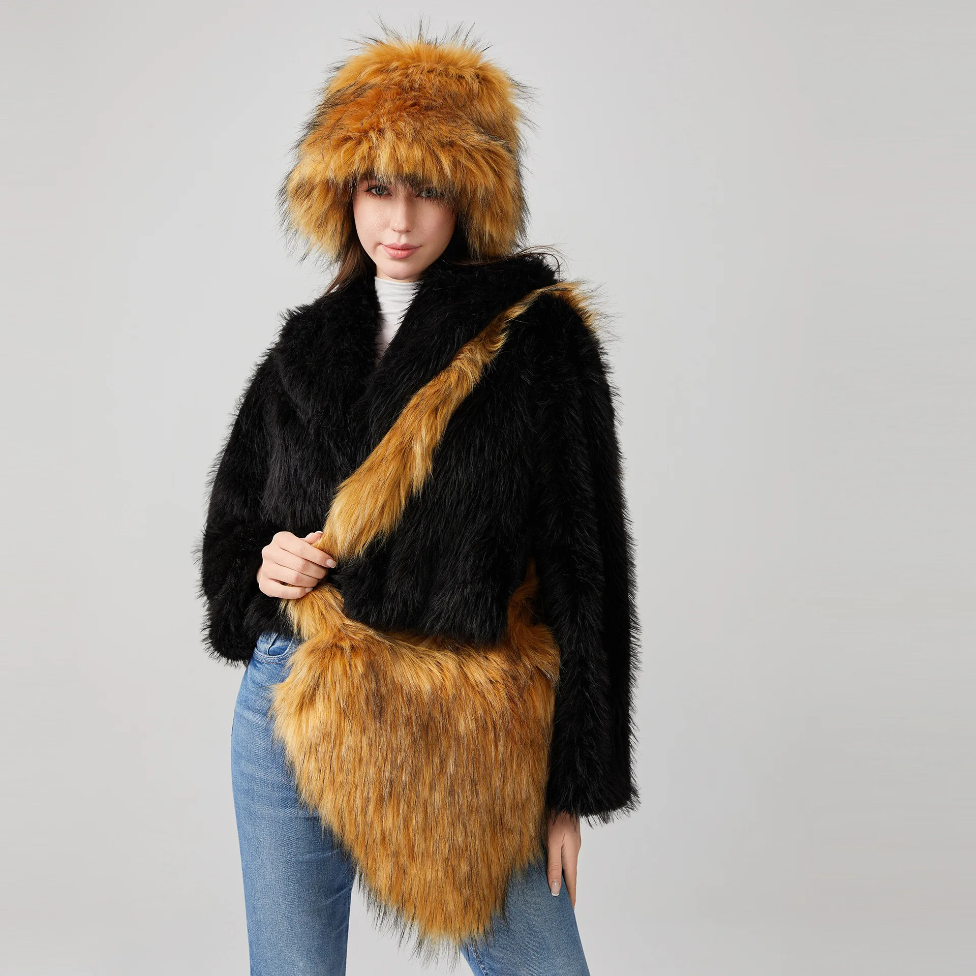 Winter Women Faux Fur Bag Hat Set Fur Handbag Large Heart-shaped Crossbody Bag Shoulder Bag Fluffy Furry Cap Fuzzy Shoulder Bags