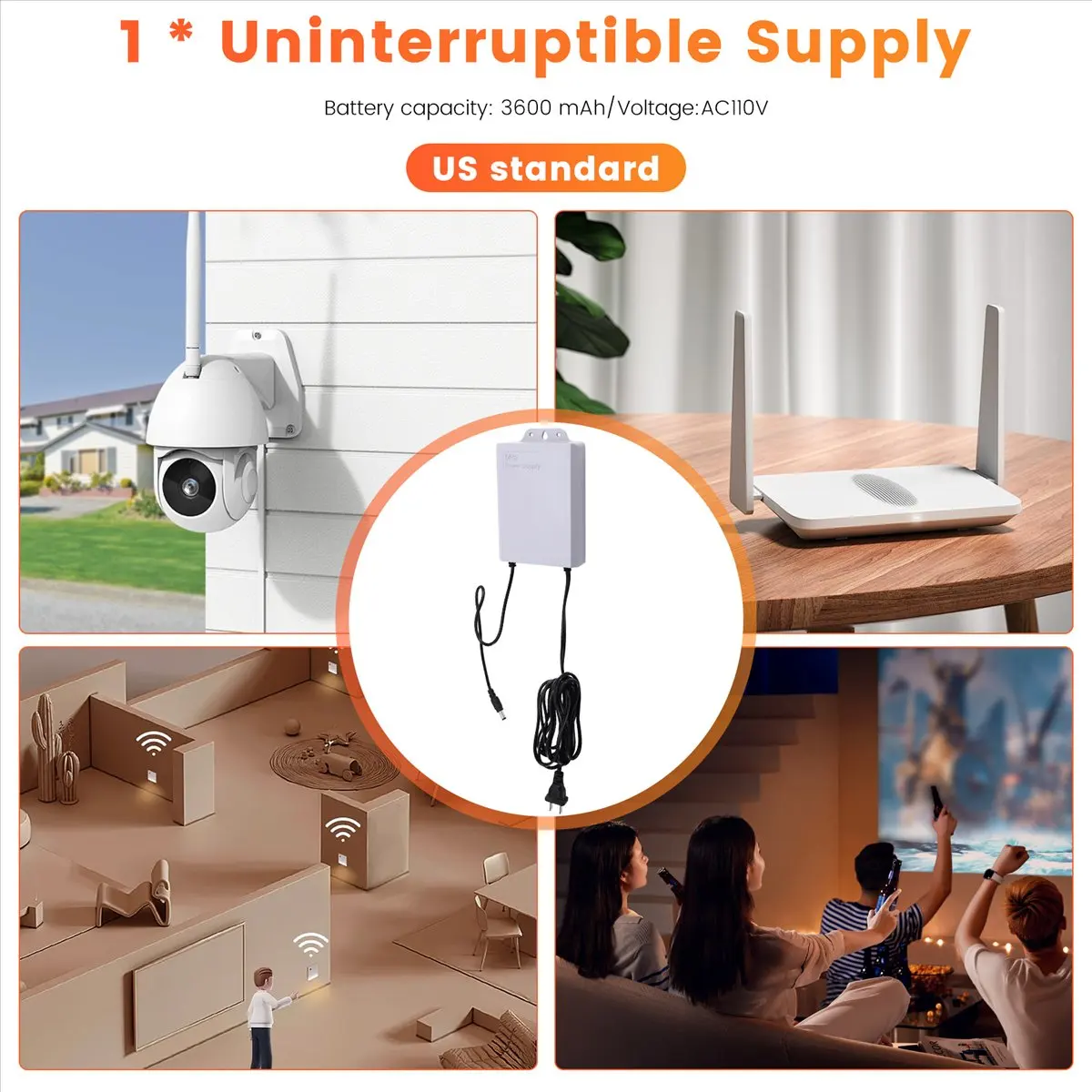 A77K 12V-2A Uninterruptible Power Supply for WiFi Modem Router Security Camera UPS Battery Backup Protector 3600mAh US Plug