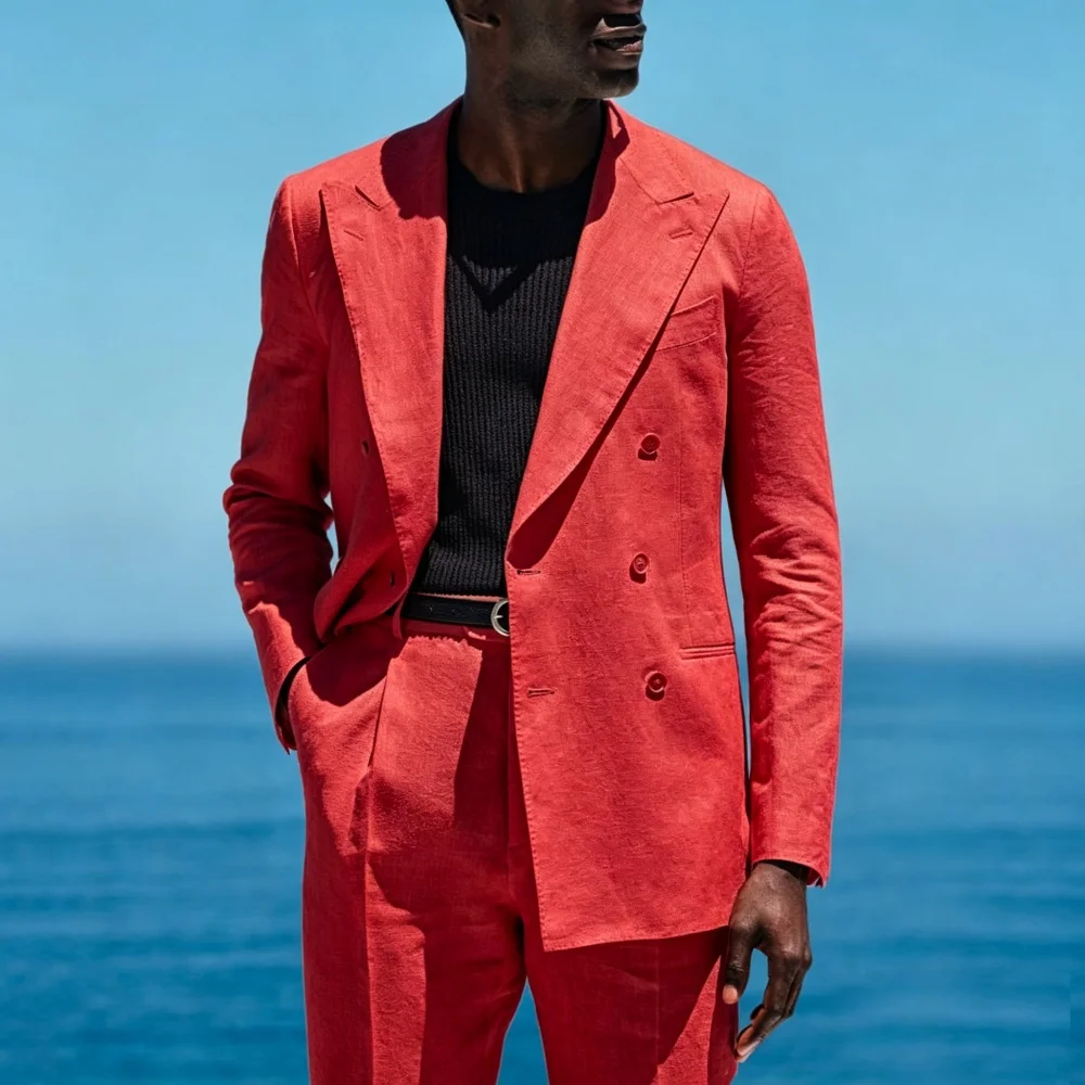 Summer Linen Double Breasted Men Suit Set Separates 2 Pieces Custom Jacket with Pants for Beach Wedding Groom Tuxedo 2026