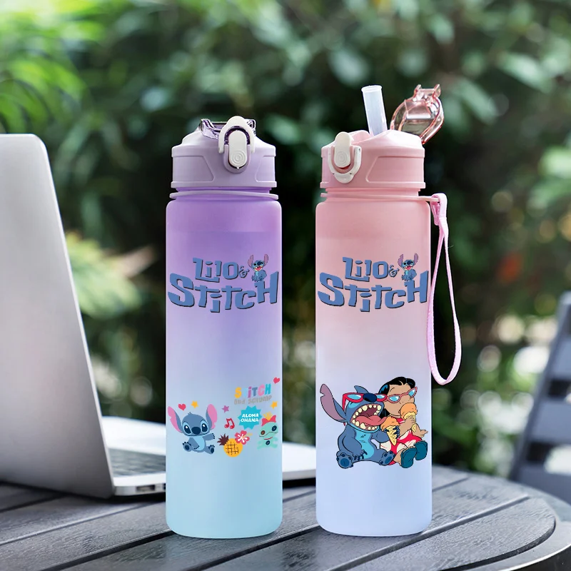 750Ml Disney Lilo Stitch Water Bottle Sport Water Cup with Straw Suitable for Outdoor Camping Portable Leak Proof Drinking Jug