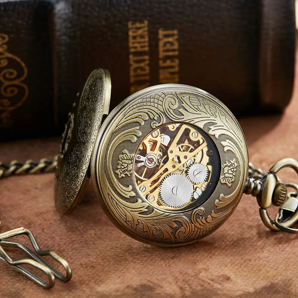 Vintage Retro Steampunk Mechanical Pocket Watch Men Hollow Skeleton Roman Dial Pocket FOB Watch Chain Male Clock Hand Wind