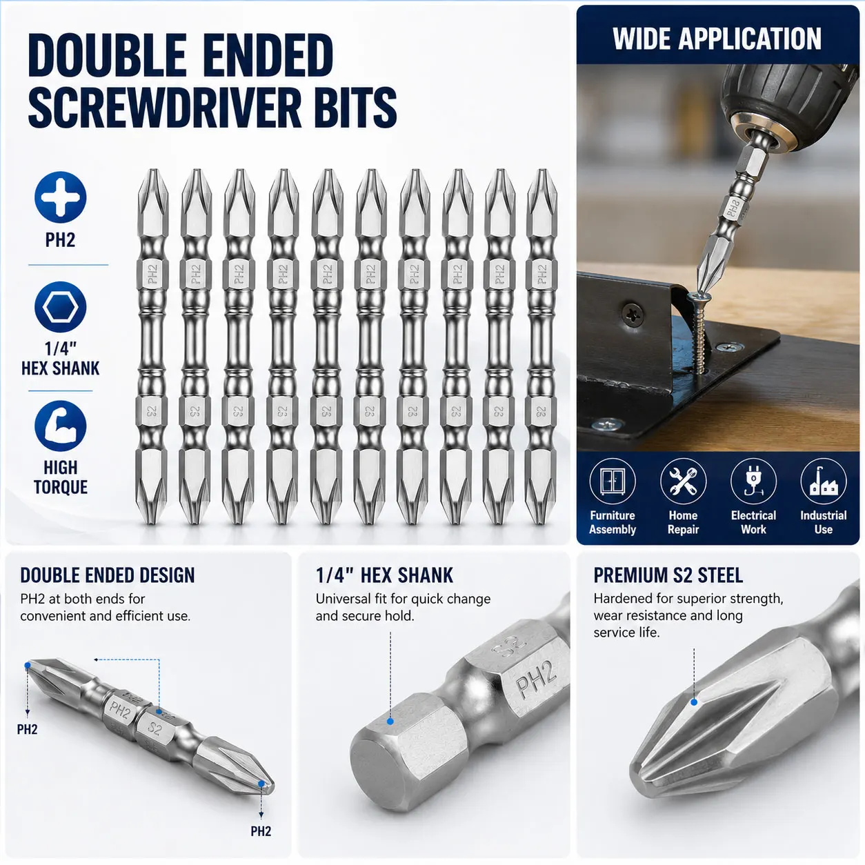 

Double Head PH2 Magnetic Screwdriver Bits S2 Steel Available In 65mm 110mm Lengths High Toughness Driver Bit Accessories