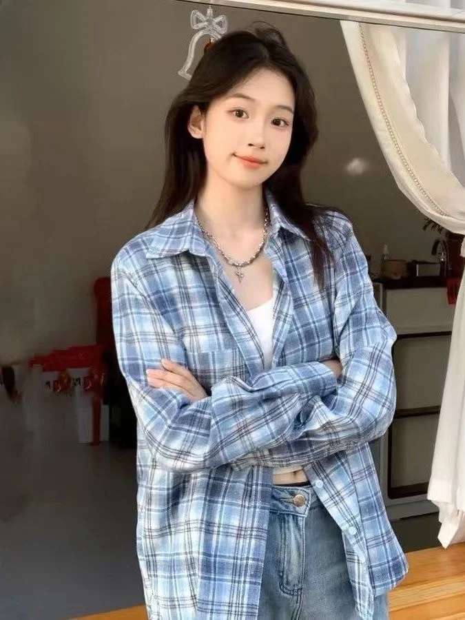 

Blue Plaid Long Sleeve Loose Fit Shirt Casual Style Outerwear Slimming Effect Polyester Cotton Blend Collar Button up