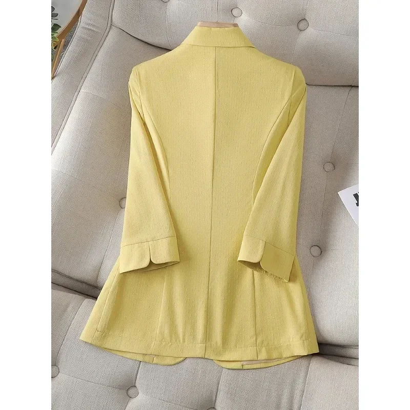 Blazer wanita, mantel kerja bisnis perempuan jaket ramping kancing tunggal, biru kuning, musim panas musim semi