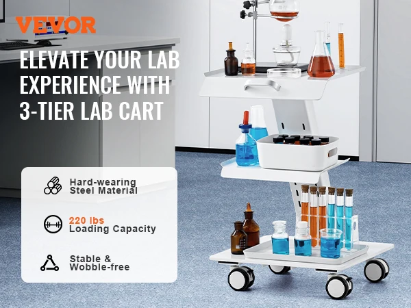 VEVOR 3-Layer صينية متنقلة معدنية عربة مختبر المتداول مع عجلات دوارة سعة وزن 220 رطل لعيادة المختبر والجمال والصالون