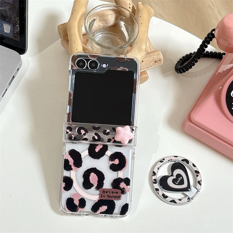 

Creative Pink Leopard Print Magnetic for Samsung Galaxy Z Flip 7 6 5 4 Protective Back Cover for ZFlip5 ZFlip6 ZFlip7 Case Shell