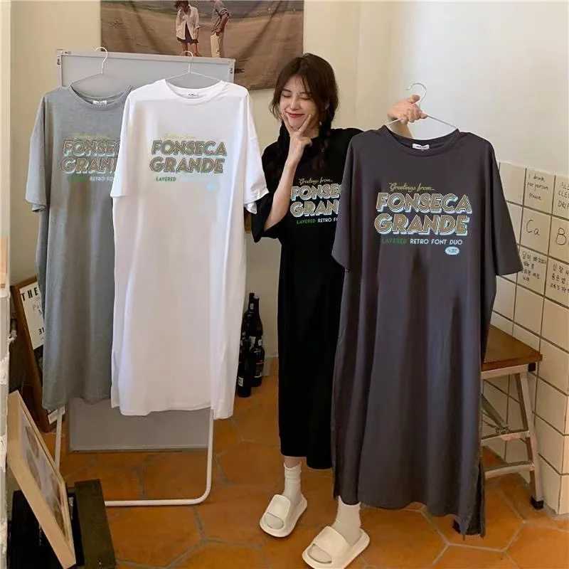 Robe T-shirt d'été à manches courtes, fente, au-dessus du genou, jupe longue ample, Style paresseux décontracté, tendance et élégant, nouvelle collection ​