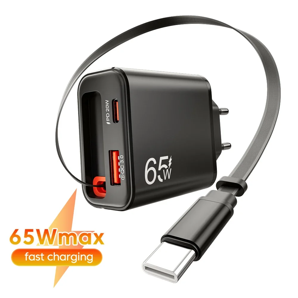 65W USB Type C Phone Charger With Retractable Fast Charging Type C Cable For iPhone 17 16 POCO Xiaomi QC 3.0 USB PD Wall Charger