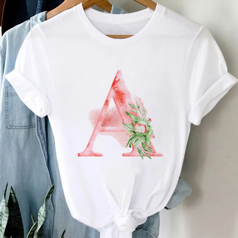 26 Alphabet Tshirt Personalized Watercolor Letter Print Women's Summer T-shirt Short Sleeve White Everything Tops  Harajuku