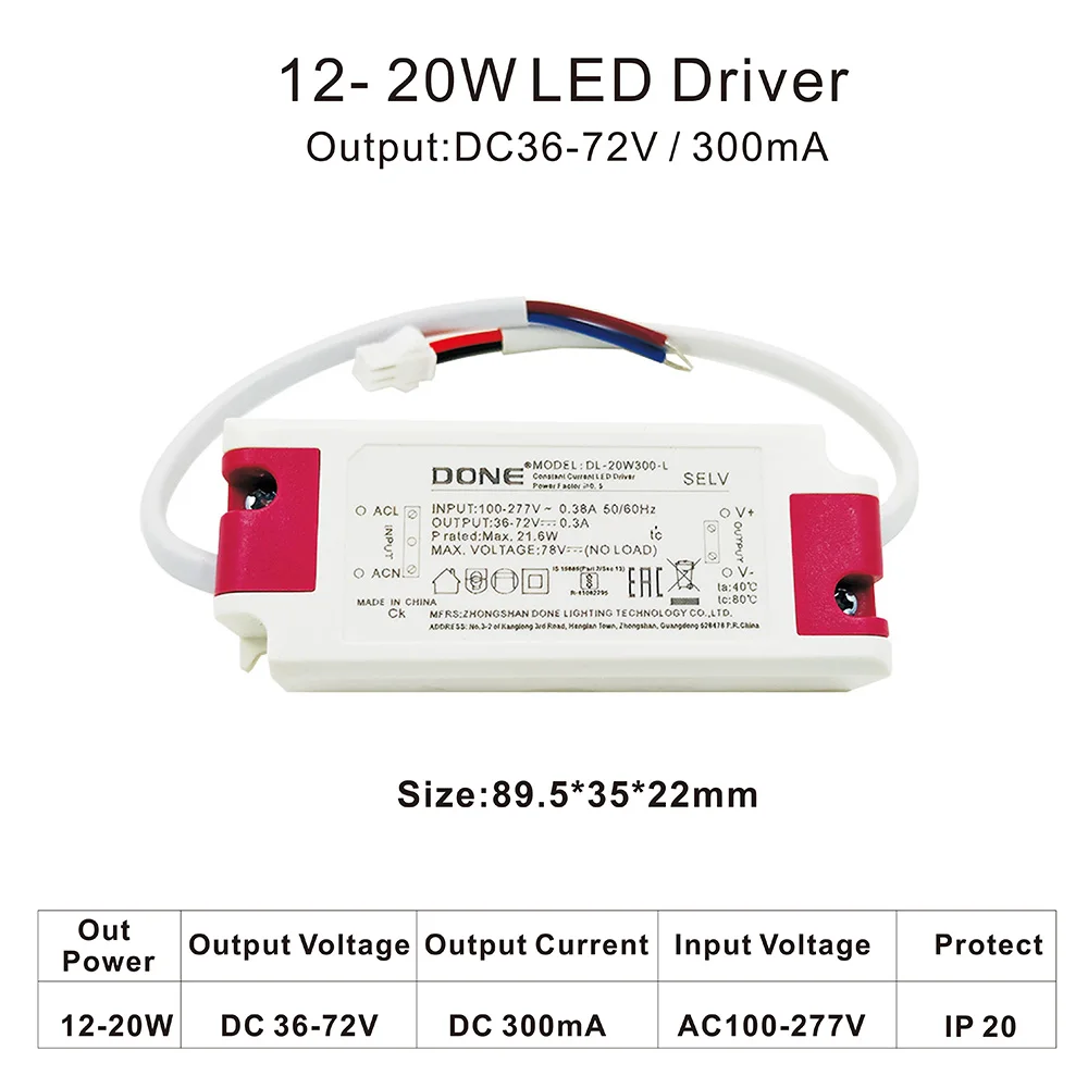 DONE LED Driver power supply 20W LED down lights Spot light Constant Current DC 300mA 36-72V Universal Transformer DL-20W300-L