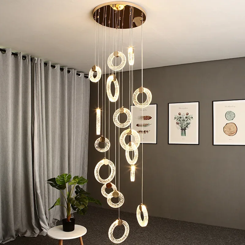 Light luxury duplex crystal ring staircase chandelier, modern minimalist villa LED long pendant light