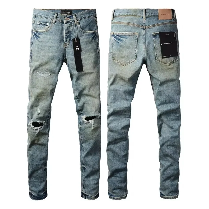 

Top quality Purples jeans Men with High street print Solid color trousers Fashion brand Repair Low Rise Skinny Blue Hole pants