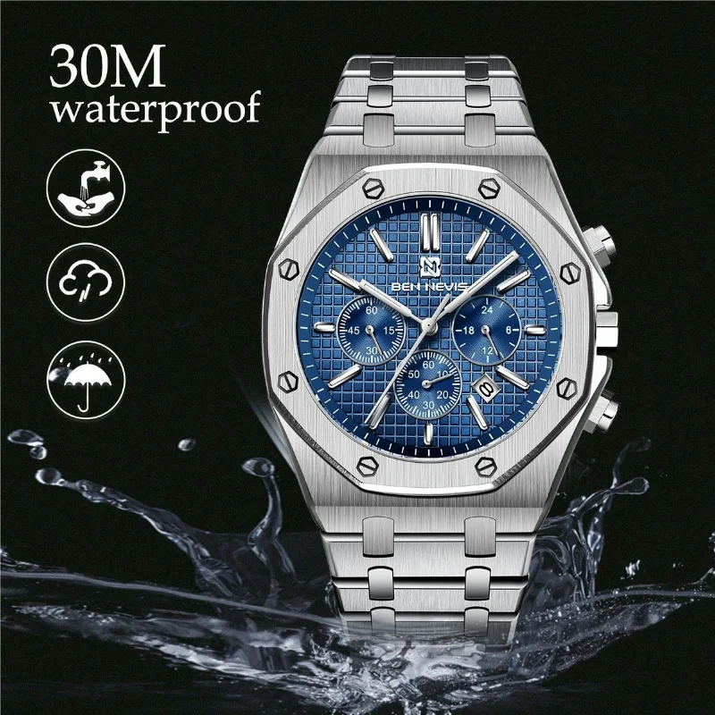 Men\'s Quartz Watch Oak Series with 43mm Quartz Movement Three Eye Six Needle Dial with Calendar Steel Strap 30 Meter Waterproof