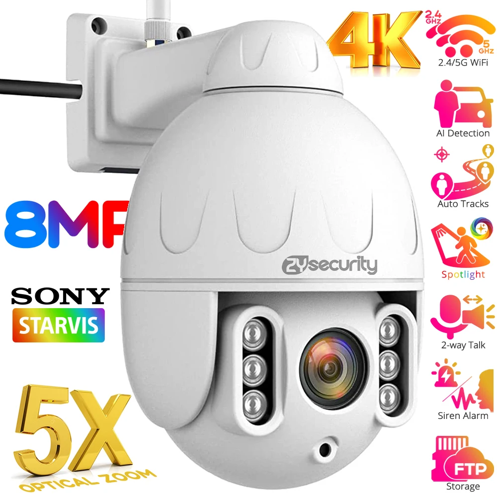 8MP 4K IP Camera 5X Optical Zoom Outdoor WiFi Surveillance Camera Auto Tracking PTZ Human Vehicle Detect Security Camera CamHi