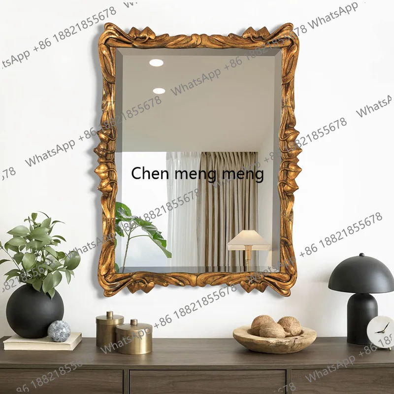 

European retro carved gold frame hanging on the wall, decorative mirror, living room entrance wall mirror