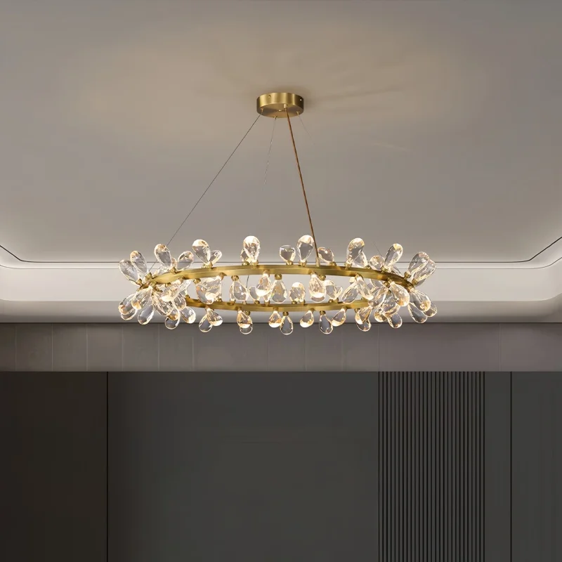 Nordic Crystal Copper Pendant Light Luxury Round Chandelier for Living Room Dining Room Halls Villa Bedroom Led Hanging Lamp