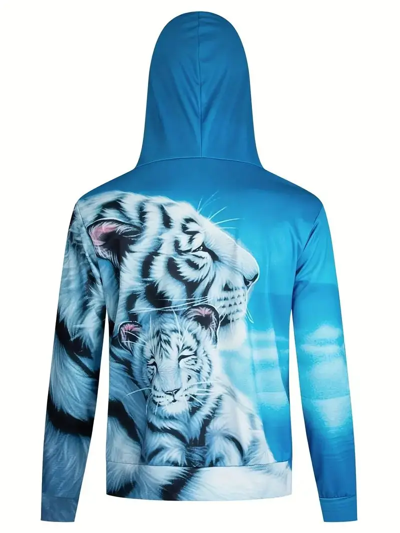 Men\'s 3D Tiger Graphic Hoodie, Active Slightly Stretch Breathable Hooded Sweatshirt For Outdoor 2023 Autumn and Spring Fashion
