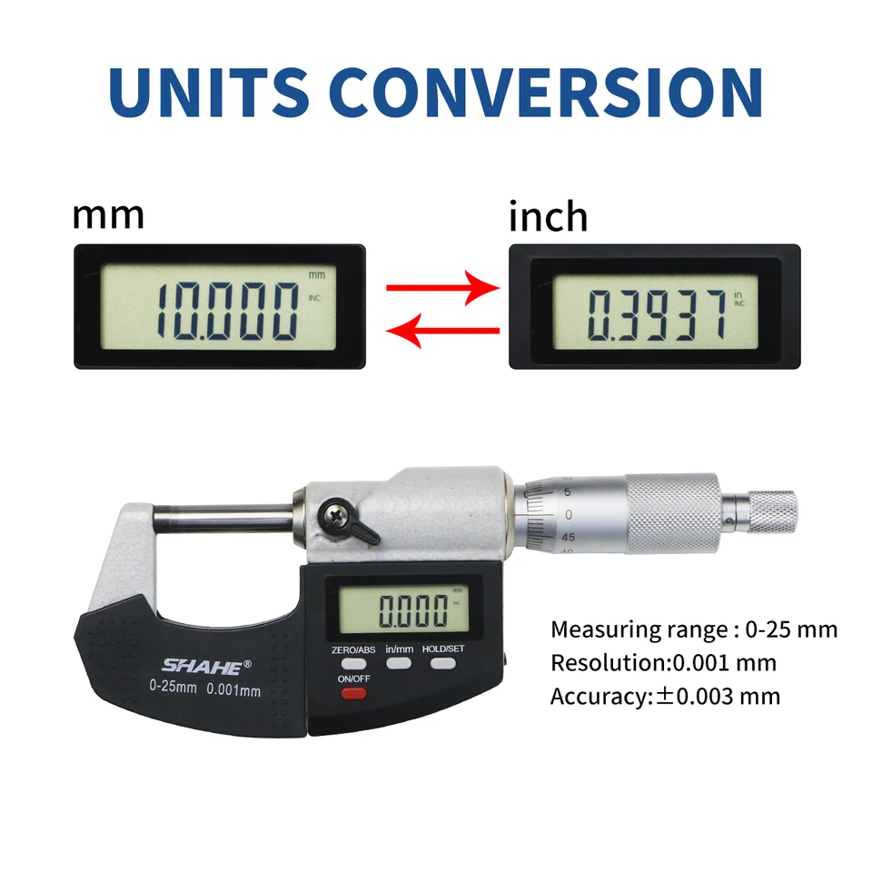SHAHE Digital Micrometer 0-25mm / 0-1 Inch - 0.001mm Resolution With LCD Display & Storage Case