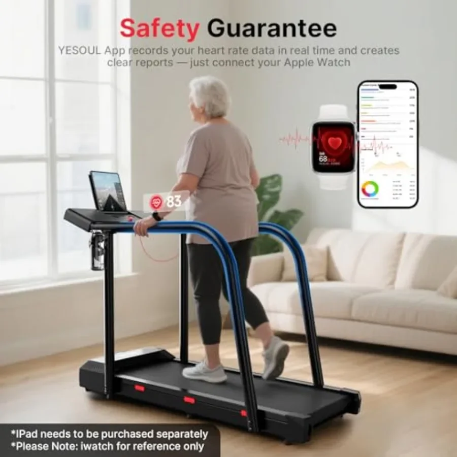 Treadmill for Seniors with Long Handrails, Emergency Stop Button, Steel Frame, Black, Low-impact Workout Support
