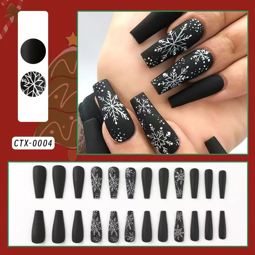 24pcs Christmas False Nail Black Long Ballet Nail Tips Extension Snowflakes Design Full Cover Wearable New Year Press On Nails