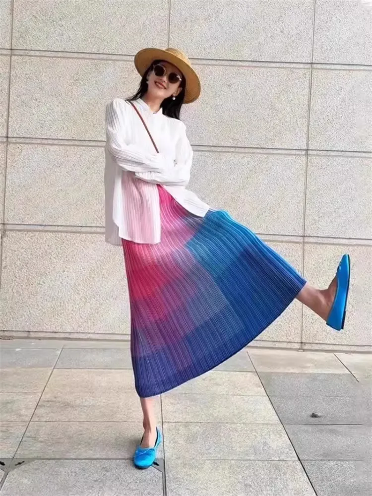 

Летняя женская юбка миди из ледяного шелка в клетку, тонкая, свободного кроя, А-силуэт, с высокой талией, плиссированная, из полиэфирного волокна, для отдыха на островах