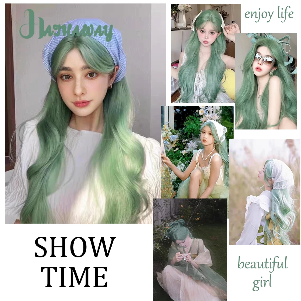 باروكات صناعية مموجة باللون الأخضر الطويل مع غرة للنساء، باروكات مموجة للجسم، للاستخدام اليومي الطبيعي، مقاومة للحرارة #6