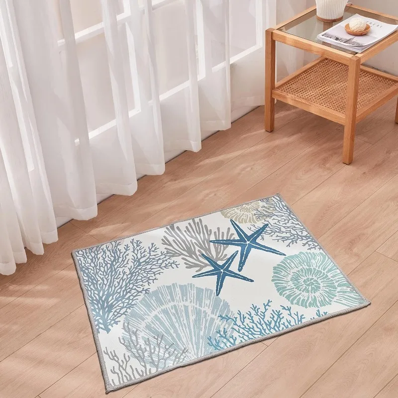 Coastal Area Rug 2x3 - Small Machine Washable Foldable Throw Rugs Non-Slip Beach Ocean Entryway Doormat Indoor Entrance Carpet