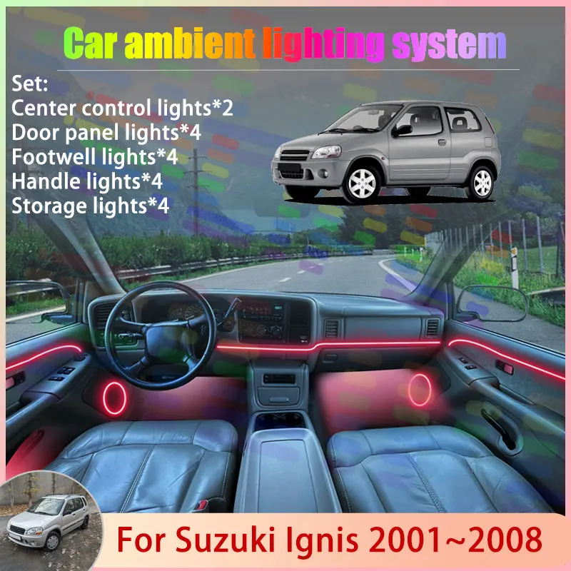

Для Suzuki Ignis FM MH 2001 ~ 2008 FH Swift MK1 1th 2/18 в 1, автомобильная атмосферная лампа, RGB абажур, ансамбль, стример, атмосферный набор